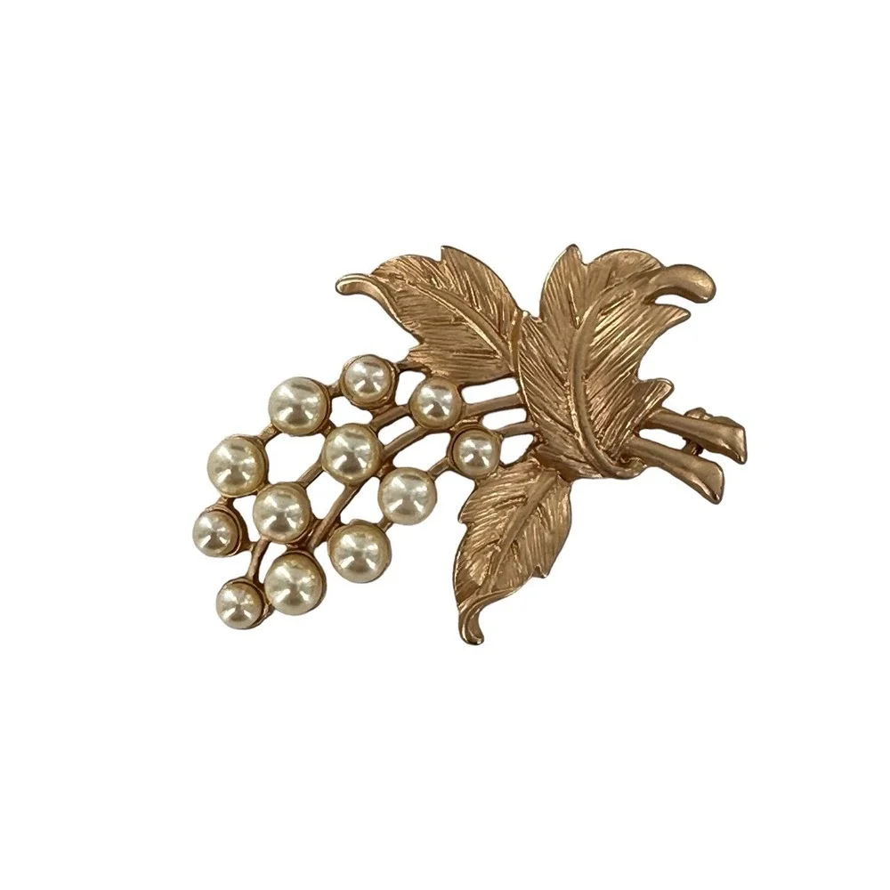 Vintage Gold Tone Faux Pearls BRANCH Shape Pin Brooch‎ Leaves 2